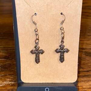 Antiqued Bronze Filigree Cross Dangle Earrings Handmade Dark Academia